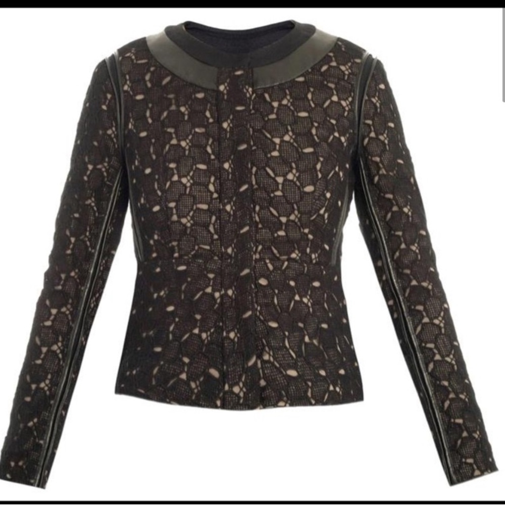 DvF Diane von Furstenburg blazer black lace with leather trim over nude satin 2